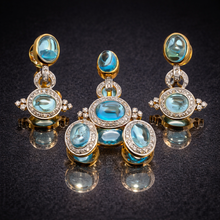 18K Yellow Gold | Natural Diamond & Swiss Blue Topaz Pendant & Earrings Set | Halo Statement Fine Jewelry - Pendant