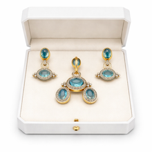 18K Yellow Gold | Natural Diamond & Swiss Blue Topaz Pendant & Earrings Set | Halo Statement Fine Jewelry - Pendant