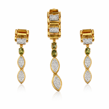 18K Yellow Gold Natural Diamond & Tourmaline Drop Pendant & Earrings Set | Marquise & Bar Settings Jewelry - Pendant