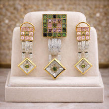 18K Yellow Gold Natural Diamond & Tourmaline Pendant & Earrings Set | Pavé Square Frames | Geometric Jewelry - Pendant