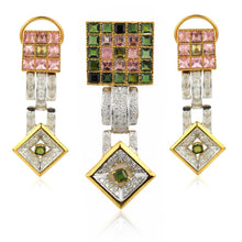 18K Yellow Gold Natural Diamond & Tourmaline Pendant & Earrings Set | Pavé Square Frames | Geometric Jewelry - Pendant