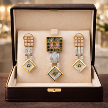 18K Yellow Gold Natural Diamond & Tourmaline Pendant & Earrings Set | Pavé Square Frames | Geometric Jewelry - Pendant