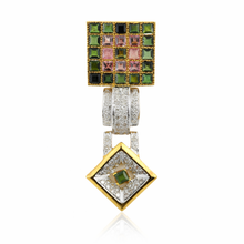18K Yellow Gold Natural Diamond & Tourmaline Pendant & Earrings Set | Pavé Square Frames | Geometric Jewelry - Pendant