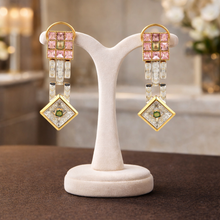18K Yellow Gold Natural Diamond & Tourmaline Pendant & Earrings Set | Pavé Square Frames | Geometric Jewelry - Pendant