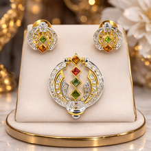 18K Yellow Gold | Natural Diamond & Tourmaline Pendant & Earrings Set | Princess Cut Geometric Jewelry - Pendant