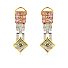 18K Yellow Gold Natural Diamond & Tourmaline Pendant & Earrings Set | Pavé Square Frames | Geometric Jewelry - Pendant