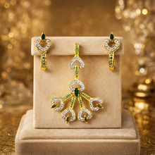 18K Yellow Gold Natural Diamond Tourmaline & Tsavorite Pendant & Earrings Set | Heart Motif Jewelry - Pendant Earring