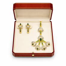18K Yellow Gold Natural Diamond Tourmaline & Tsavorite Pendant & Earrings Set | Heart Motif Jewelry - Pendant Earring
