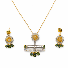 18K Yellow Gold | Natural Round Diamond & Green Tourmaline Pendant & Earrings Set | Forest Floral Design - Pendant
