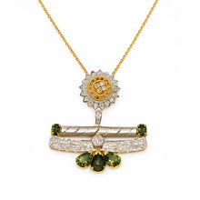 18K Yellow Gold | Natural Round Diamond & Green Tourmaline Pendant & Earrings Set | Forest Floral Design - Pendant