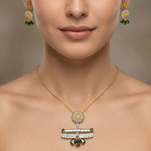 18K Yellow Gold | Natural Round Diamond & Green Tourmaline Pendant & Earrings Set | Forest Floral Design - Pendant
