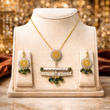 18K Yellow Gold | Natural Round Diamond & Green Tourmaline Pendant & Earrings Set | Forest Floral Design - Pendant
