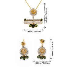18K Yellow Gold | Natural Round Diamond & Green Tourmaline Pendant & Earrings Set | Forest Floral Design - Pendant