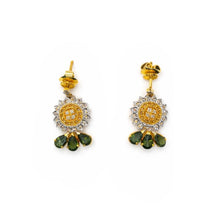 18K Yellow Gold | Natural Round Diamond & Green Tourmaline Pendant & Earrings Set | Forest Floral Design - Pendant