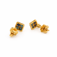 18K Yellow Gold Natural Sapphire & Diamond Stud Earrings | Contemporary Square Block Cluster Jewelry - Earrings
