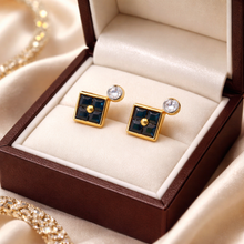 18K Yellow Gold Natural Sapphire & Diamond Stud Earrings | Contemporary Square Block Cluster Jewelry - Earrings