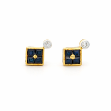 18K Yellow Gold Natural Sapphire & Diamond Stud Earrings | Contemporary Square Block Cluster Jewelry - Earrings