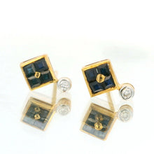 18K Yellow Gold Natural Sapphire & Diamond Stud Earrings | Contemporary Square Block Cluster Jewelry - Earrings
