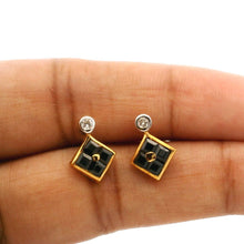 18K Yellow Gold Natural Sapphire & Diamond Stud Earrings | Contemporary Square Block Cluster Jewelry - Earrings