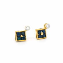 18K Yellow Gold Natural Sapphire & Diamond Stud Earrings | Contemporary Square Block Cluster Jewelry - Earrings