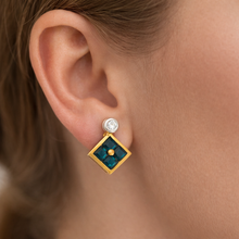 18K Yellow Gold Natural Sapphire & Diamond Stud Earrings | Contemporary Square Block Cluster Jewelry - Earrings