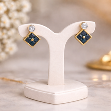 18K Yellow Gold Natural Sapphire & Diamond Stud Earrings | Contemporary Square Block Cluster Jewelry - Earrings