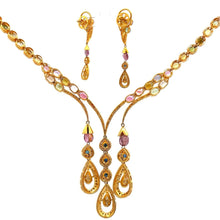 18K Yellow Gold Necklace & Earrings Set | Natural Diamonds Tourmaline & Sapphire | Colorful Drop Luxury Jewelry