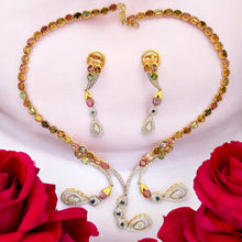 18K Yellow Gold Necklace & Earrings Set | Natural Diamonds Tourmaline & Sapphire | Colorful Drop Luxury Jewelry