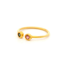 18K Yellow Gold Open Cuff Ring | Bezel-Set Pink & Green Tourmaline | Modern Minimalist Knuckle Design - Ring