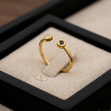 18K Yellow Gold Open Cuff Ring | Natural Black & White Diamond Bezel-Set Duo | Modern Minimalist Design - Ring