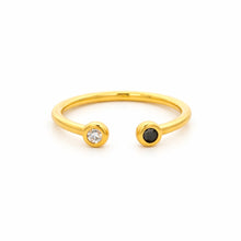 18K Yellow Gold Open Cuff Ring | Natural Black & White Diamond Bezel-Set Duo | Modern Minimalist Design - Ring