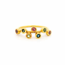 18K Yellow Gold Rainbow Ring | Bezel-Set Natural Multi Tourmaline | Modern Stackable Open Wrap Design - Ring