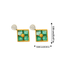 18K Yellow Gold Stud Earrings | Natural Emerald & Diamond | Contemporary Geometric Square Cluster Jewelry - Earrings