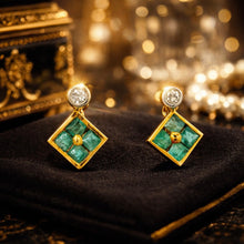 18K Yellow Gold Stud Earrings | Natural Emerald & Diamond | Contemporary Geometric Square Cluster Jewelry - Earrings