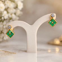 18K Yellow Gold Stud Earrings | Natural Emerald & Diamond | Contemporary Geometric Square Cluster Jewelry - Earrings