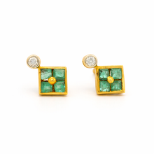 18K Yellow Gold Stud Earrings | Natural Emerald & Diamond | Contemporary Geometric Square Cluster Jewelry - Earrings