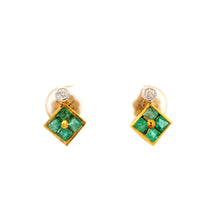 18K Yellow Gold Stud Earrings | Natural Emerald & Diamond | Contemporary Geometric Square Cluster Jewelry - Earrings