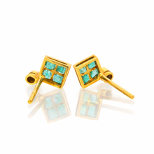 18K Yellow Gold Stud Earrings | Natural Emerald & Diamond | Contemporary Geometric Square Cluster Jewelry - Earrings