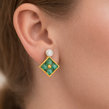 18K Yellow Gold Stud Earrings | Natural Emerald & Diamond | Contemporary Geometric Square Cluster Jewelry - Earrings