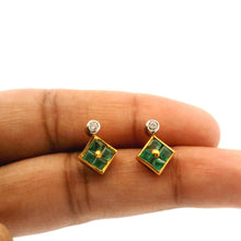 18K Yellow Gold Stud Earrings | Natural Emerald & Diamond | Contemporary Geometric Square Cluster Jewelry - Earrings