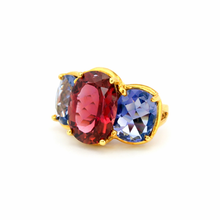 18K Yellow Gold Three-Stone Ring | Natural Pink Tourmaline Center & Royal Blue Iolite | Contemporary Design - Ring
