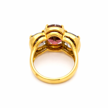 18K Yellow Gold Three-Stone Ring | Natural Pink Tourmaline Center & Royal Blue Iolite | Contemporary Design - Ring