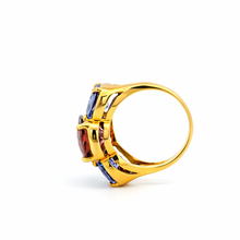 18K Yellow Gold Three-Stone Ring | Natural Pink Tourmaline Center & Royal Blue Iolite | Contemporary Design - Ring