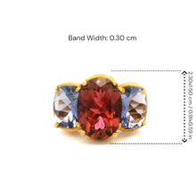 18K Yellow Gold Three-Stone Ring | Natural Pink Tourmaline Center & Royal Blue Iolite | Contemporary Design - Ring