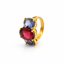18K Yellow Gold Three-Stone Ring | Natural Pink Tourmaline Center & Royal Blue Iolite | Contemporary Design - Ring