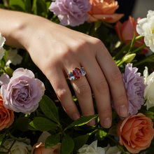 18K Yellow Gold Three-Stone Ring | Natural Pink Tourmaline Center & Royal Blue Iolite | Contemporary Design - Ring