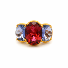 18K Yellow Gold Three-Stone Ring | Natural Pink Tourmaline Center & Royal Blue Iolite | Contemporary Design - Ring