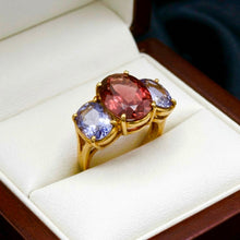 18K Yellow Gold Three-Stone Ring | Natural Pink Tourmaline Center & Royal Blue Iolite | Contemporary Design - Ring