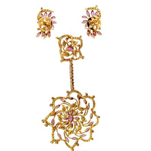 18K Yellow White Gold Pendant Earring Set with Natural Diamond & Rhodolite Jewellery