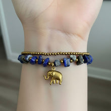 Handmade Lapiz Beaded Bracelet with Elephant Charm & Bells Artisan Trinket Gemstone Jewelry